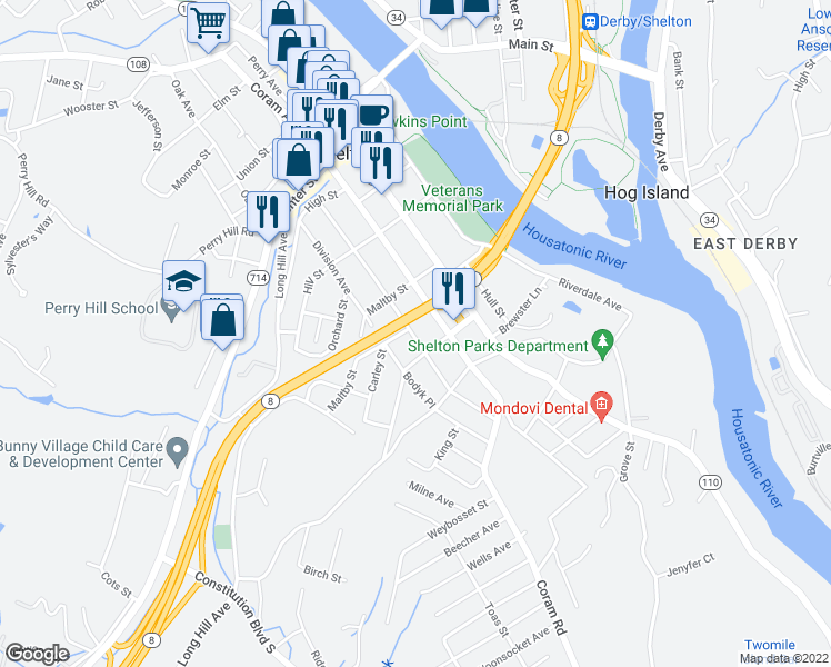 map of restaurants, bars, coffee shops, grocery stores, and more near 109 Prospect Avenue in Shelton