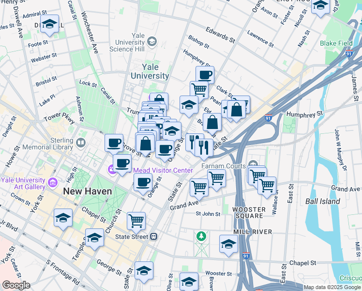 map of restaurants, bars, coffee shops, grocery stores, and more near 405 Orange Street in New Haven