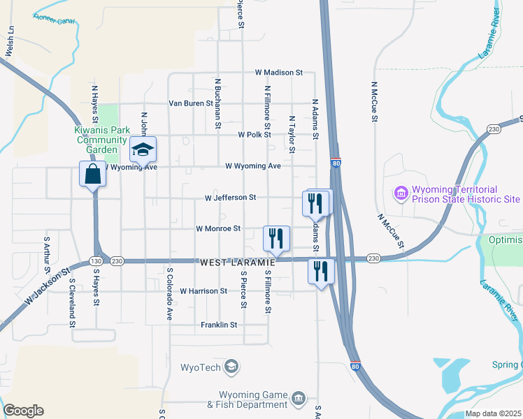 map of restaurants, bars, coffee shops, grocery stores, and more near 209 South Pierce Street in Laramie