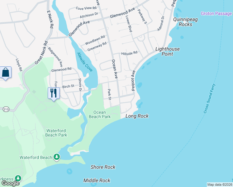 map of restaurants, bars, coffee shops, grocery stores, and more near 1127 Ocean Avenue in New London