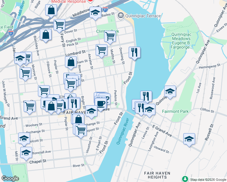 map of restaurants, bars, coffee shops, grocery stores, and more near 49 Perkins Street in New Haven