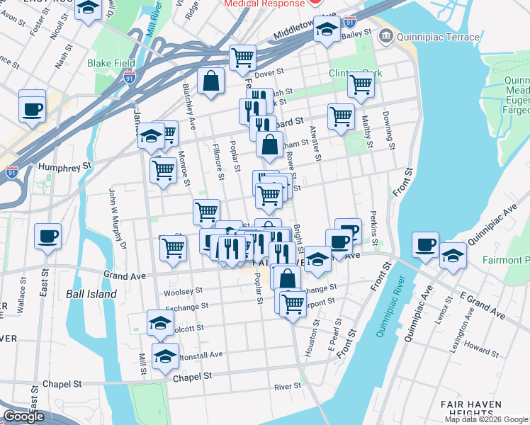 map of restaurants, bars, coffee shops, grocery stores, and more near 349 Poplar Street in New Haven