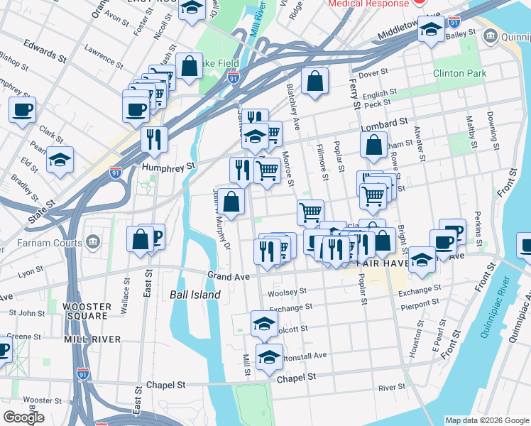 map of restaurants, bars, coffee shops, grocery stores, and more near 12 Main Street in New Haven