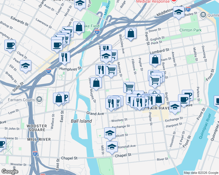 map of restaurants, bars, coffee shops, grocery stores, and more near 12 Main Street in New Haven