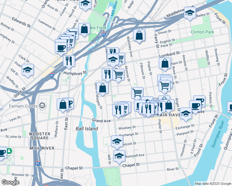 map of restaurants, bars, coffee shops, grocery stores, and more near 12 Main Street in New Haven