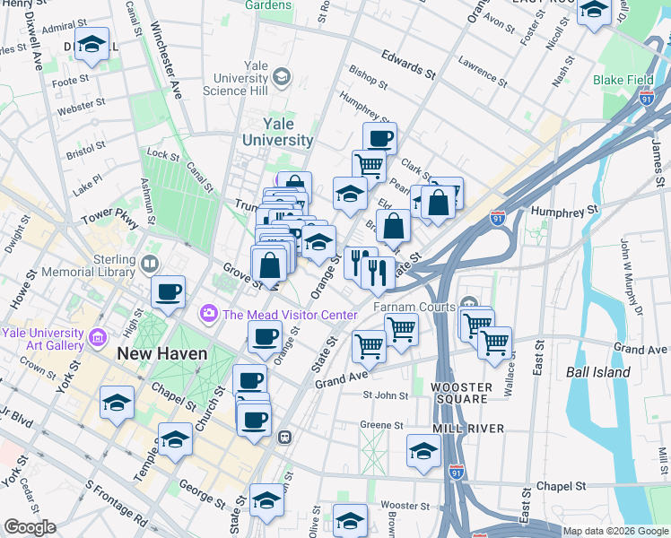 map of restaurants, bars, coffee shops, grocery stores, and more near 405 Orange Street in New Haven