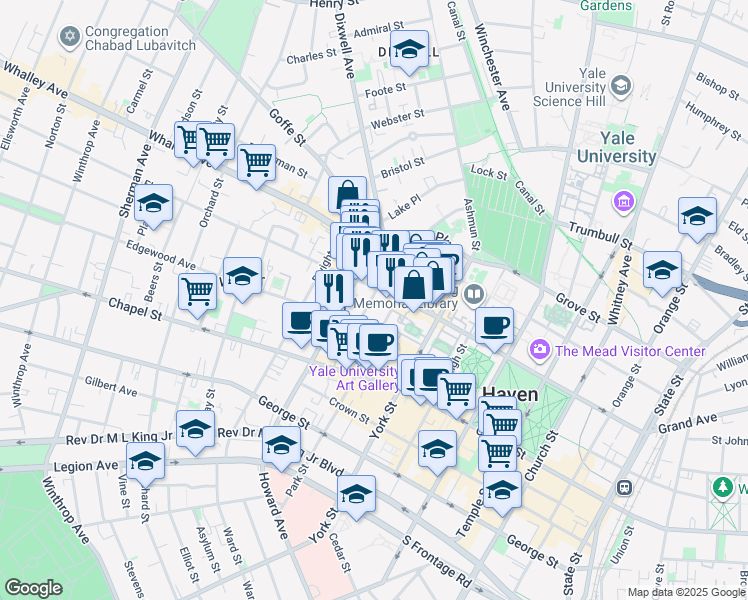 map of restaurants, bars, coffee shops, grocery stores, and more near 356 Elm Street in New Haven