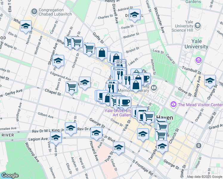 map of restaurants, bars, coffee shops, grocery stores, and more near 100 Howe Street in New Haven