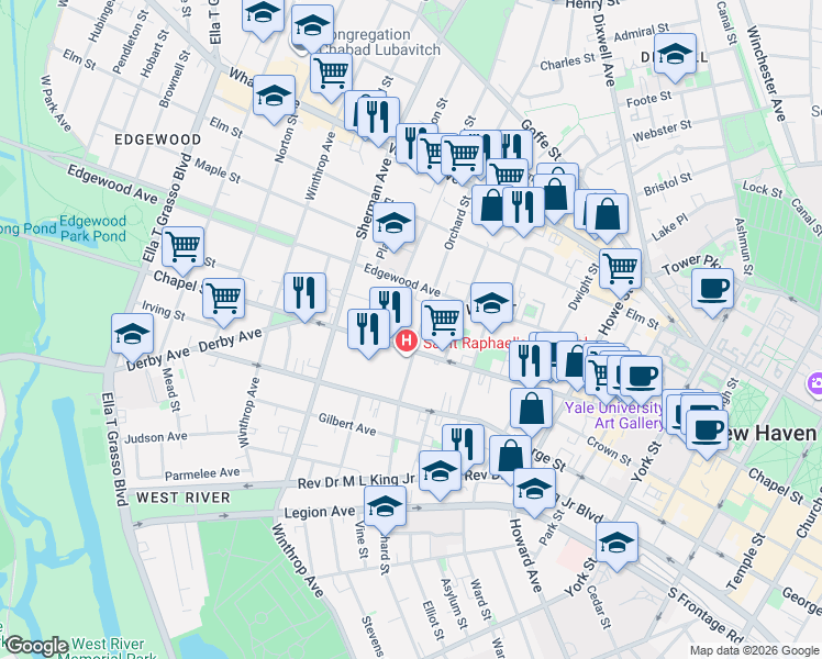 map of restaurants, bars, coffee shops, grocery stores, and more near 23 Beers Street in New Haven