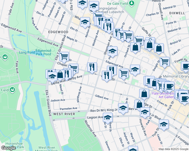 map of restaurants, bars, coffee shops, grocery stores, and more near 1475 -77 Chapel Street in Hamden