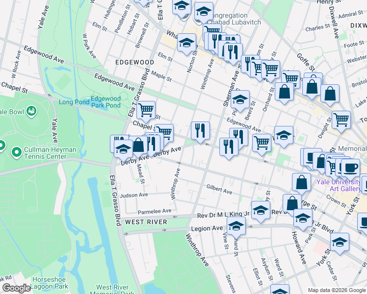 map of restaurants, bars, coffee shops, grocery stores, and more near 22 Derby Avenue in New Haven