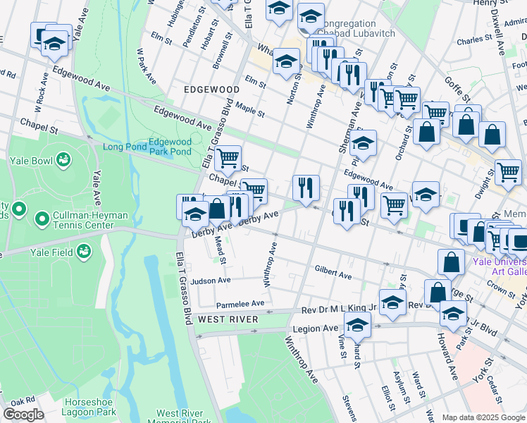 map of restaurants, bars, coffee shops, grocery stores, and more near 59 Derby Avenue in New Haven