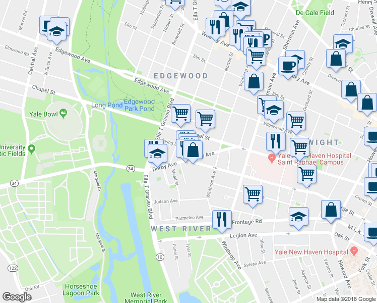 map of restaurants, bars, coffee shops, grocery stores, and more near 24 Norton Street in New Haven