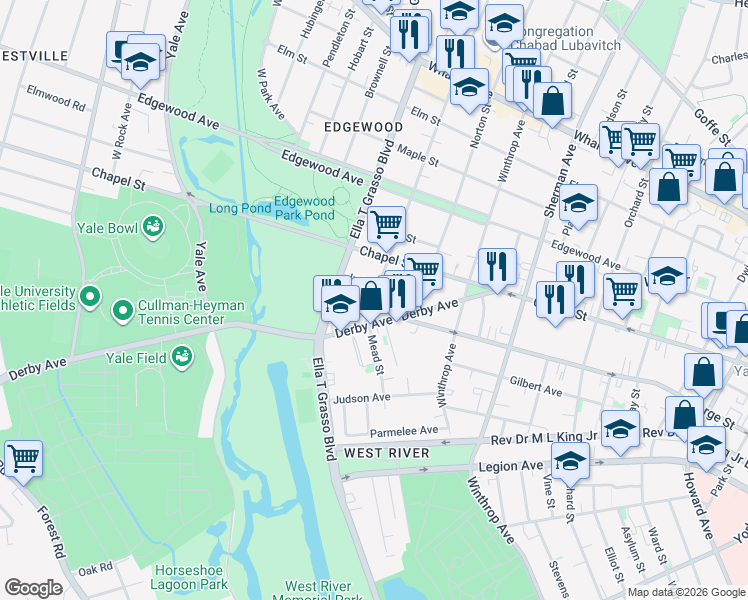 map of restaurants, bars, coffee shops, grocery stores, and more near 38 Ellsworth Avenue in New Haven