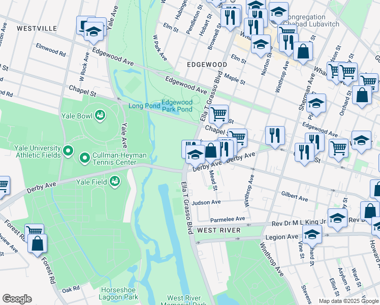 map of restaurants, bars, coffee shops, grocery stores, and more near 1225 Ella T Grasso Boulevard in New Haven