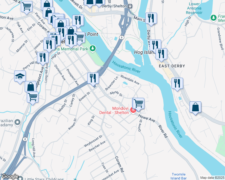 map of restaurants, bars, coffee shops, grocery stores, and more near 111 Myrtle Street in Shelton