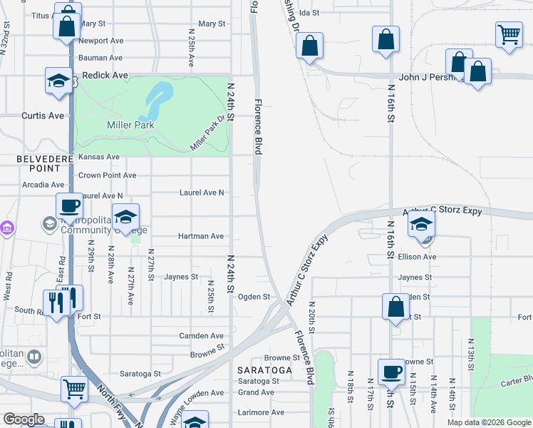 map of restaurants, bars, coffee shops, grocery stores, and more near 5805 Florence Boulevard in Omaha