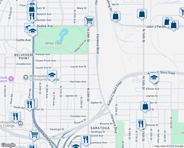 map of restaurants, bars, coffee shops, grocery stores, and more near 2308 Himebaugh Avenue in Omaha