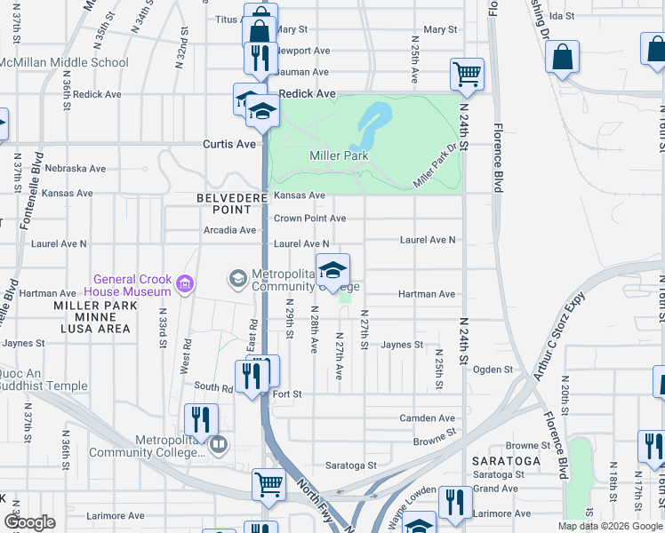 map of restaurants, bars, coffee shops, grocery stores, and more near 5822 North 27th Avenue in Omaha
