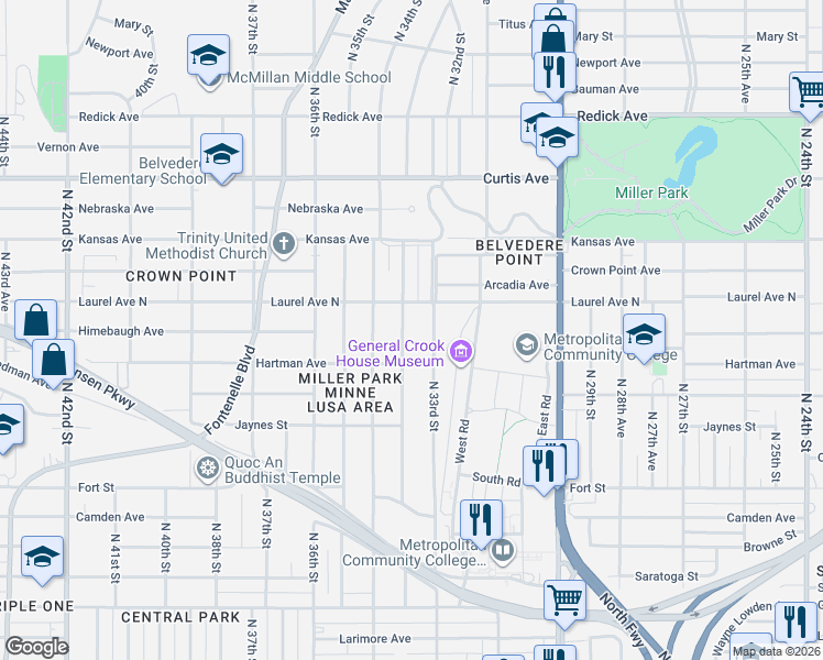 map of restaurants, bars, coffee shops, grocery stores, and more near 5743 North 33rd Avenue in Omaha