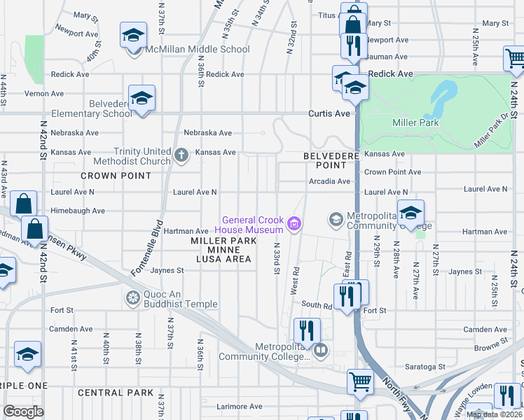 map of restaurants, bars, coffee shops, grocery stores, and more near 5743 North 33rd Avenue in Omaha