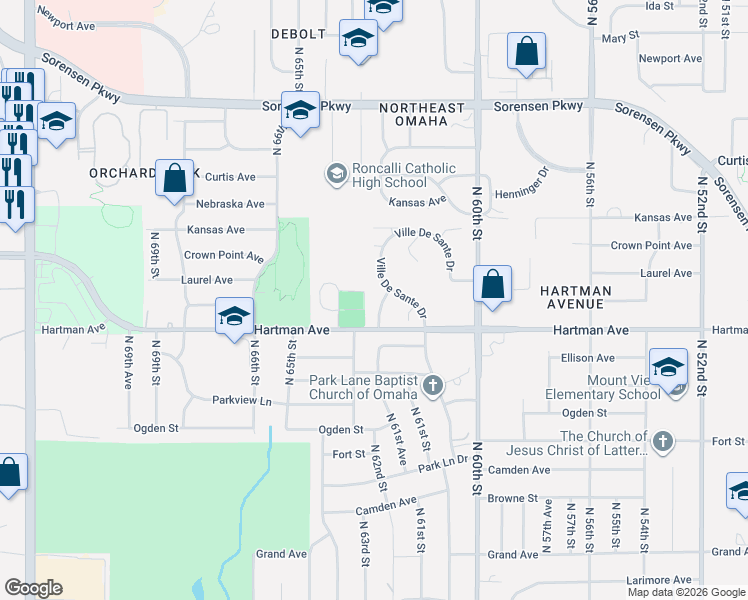 map of restaurants, bars, coffee shops, grocery stores, and more near 5812 North 61st Avenue in Omaha