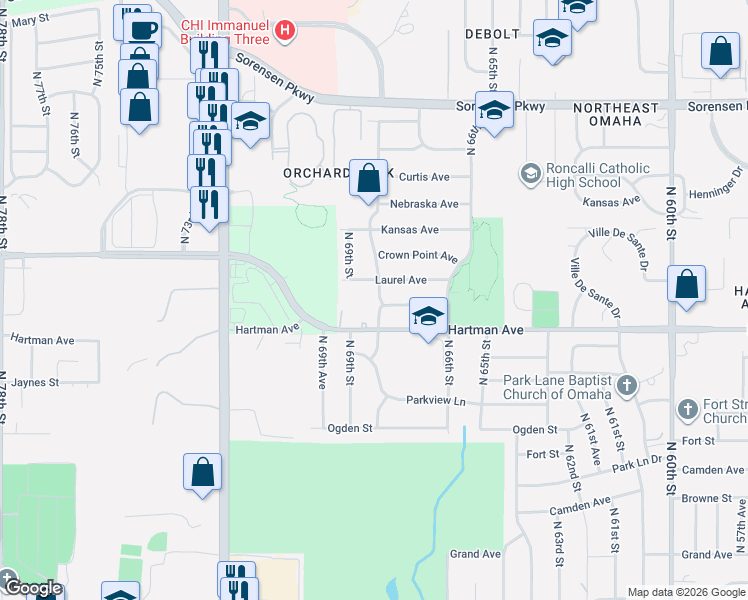 map of restaurants, bars, coffee shops, grocery stores, and more near 6817 Laurel Avenue in Omaha