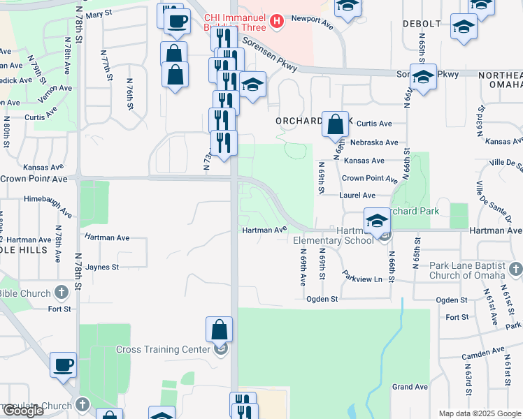 map of restaurants, bars, coffee shops, grocery stores, and more near 7055 Crown Point Avenue in Omaha