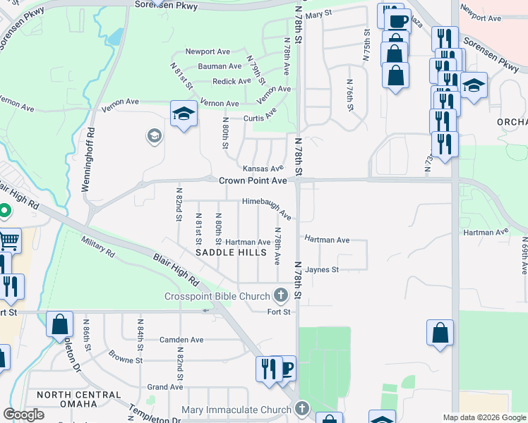 map of restaurants, bars, coffee shops, grocery stores, and more near 5754 North 79th Street in Omaha