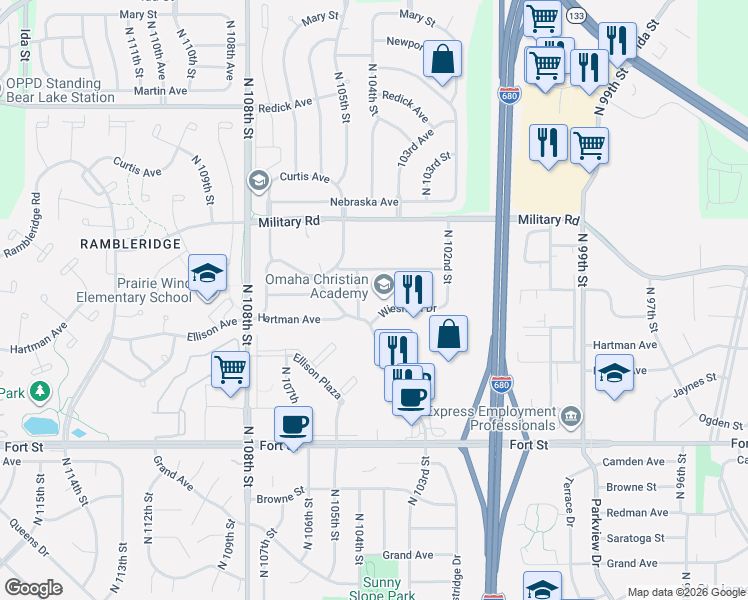map of restaurants, bars, coffee shops, grocery stores, and more near 10244 Wiesman Drive in Omaha