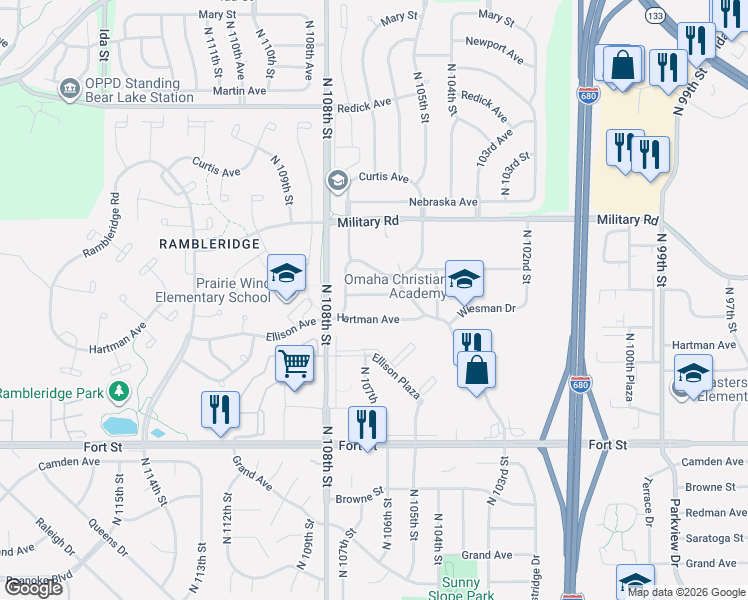 map of restaurants, bars, coffee shops, grocery stores, and more near 10604 Himebaugh Avenue in Omaha