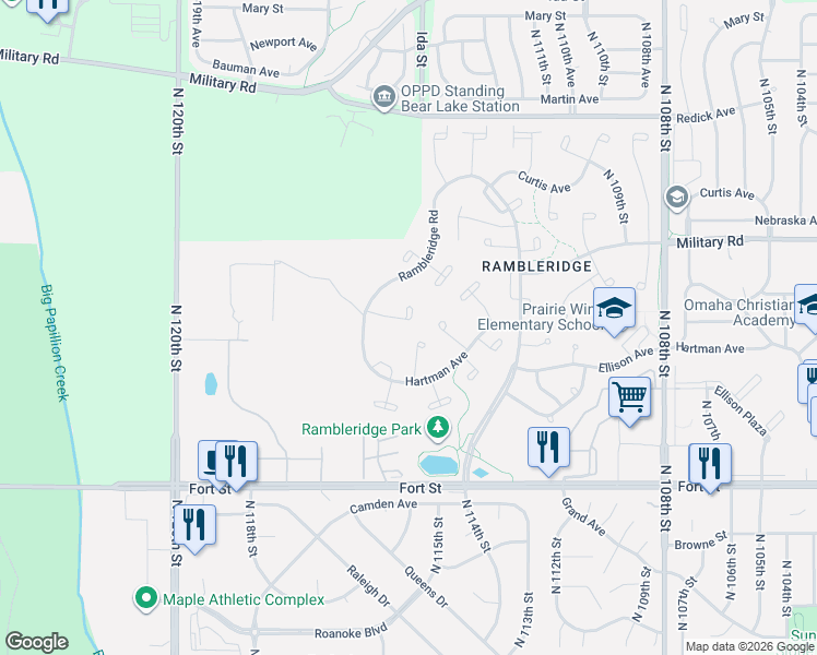 map of restaurants, bars, coffee shops, grocery stores, and more near 11715 Himebaugh Circle in Omaha