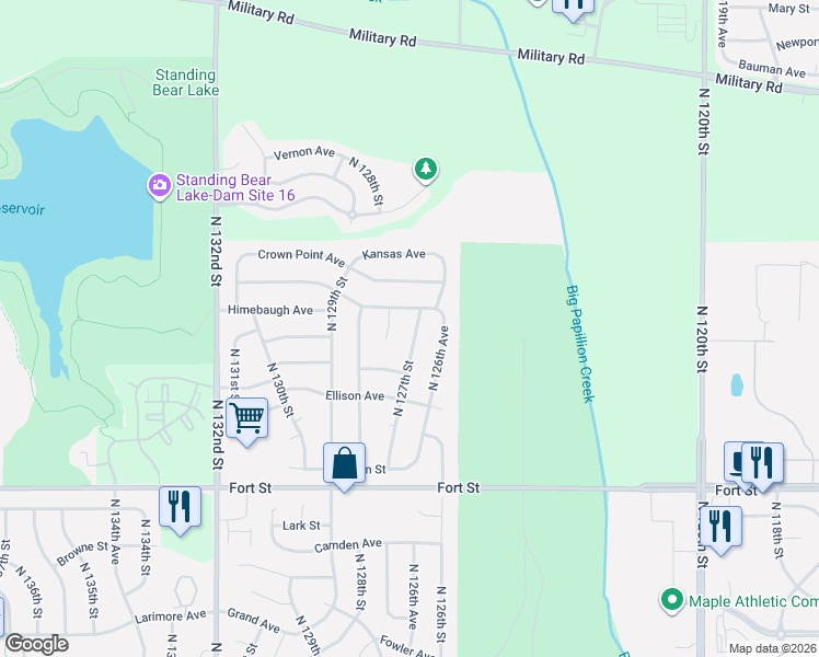 map of restaurants, bars, coffee shops, grocery stores, and more near 5831 127th Avenue Circle in Omaha