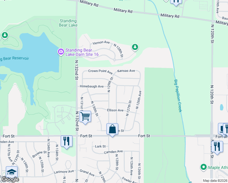 map of restaurants, bars, coffee shops, grocery stores, and more near 5811 North 128th Street in Omaha