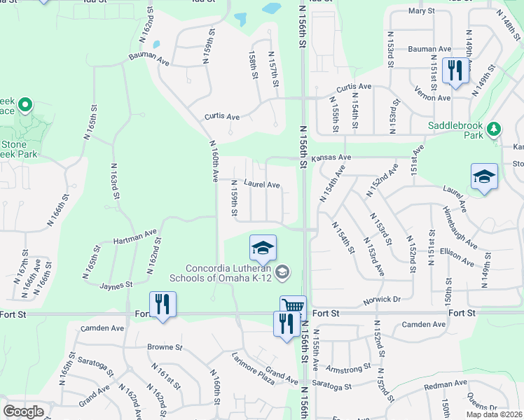 map of restaurants, bars, coffee shops, grocery stores, and more near 5714 North 157th Avenue in Omaha