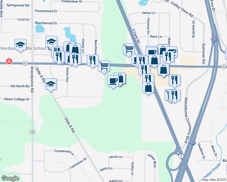 map of restaurants, bars, coffee shops, grocery stores, and more near 8282 Golden Link Boulevard in Northfield
