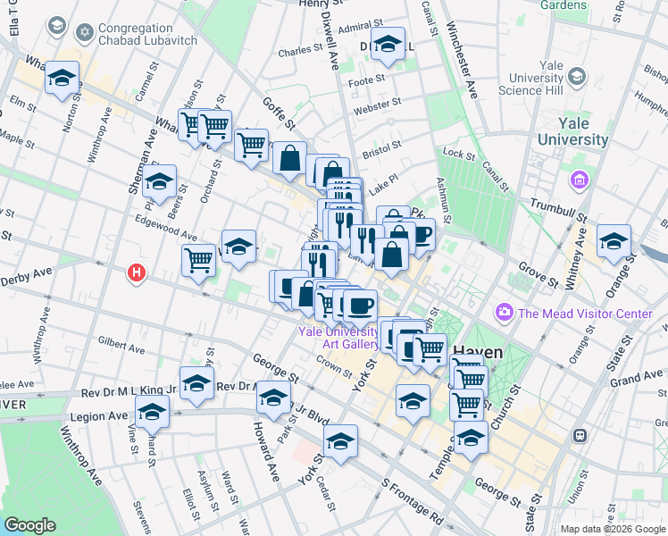 map of restaurants, bars, coffee shops, grocery stores, and more near 104 Howe Street in New Haven
