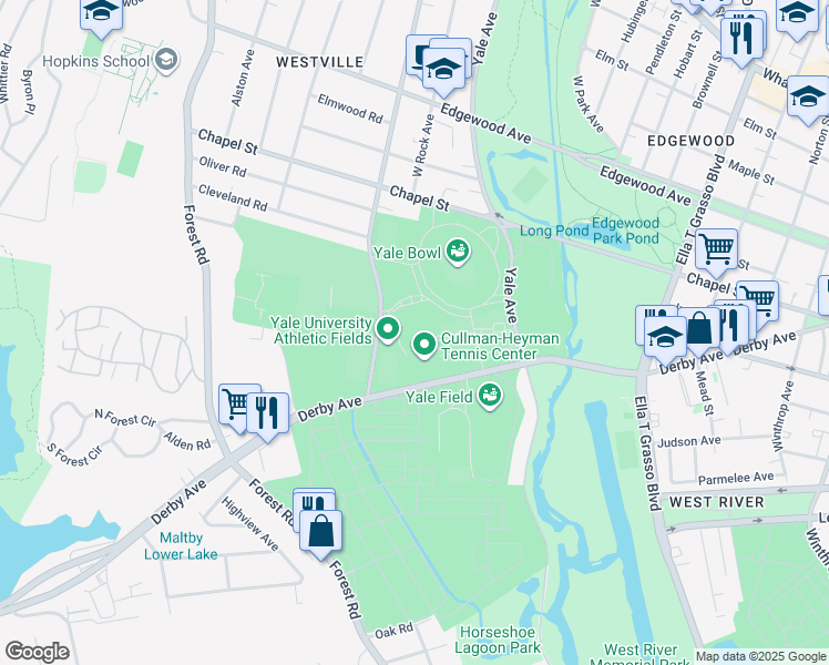 map of restaurants, bars, coffee shops, grocery stores, and more near 67 Central Avenue in New Haven