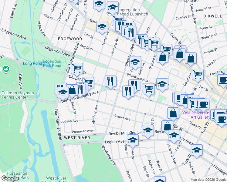 map of restaurants, bars, coffee shops, grocery stores, and more near 1475 Chapel Street in New Haven