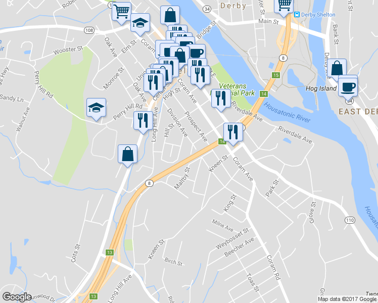 map of restaurants, bars, coffee shops, grocery stores, and more near 83 Maltby Street in Shelton