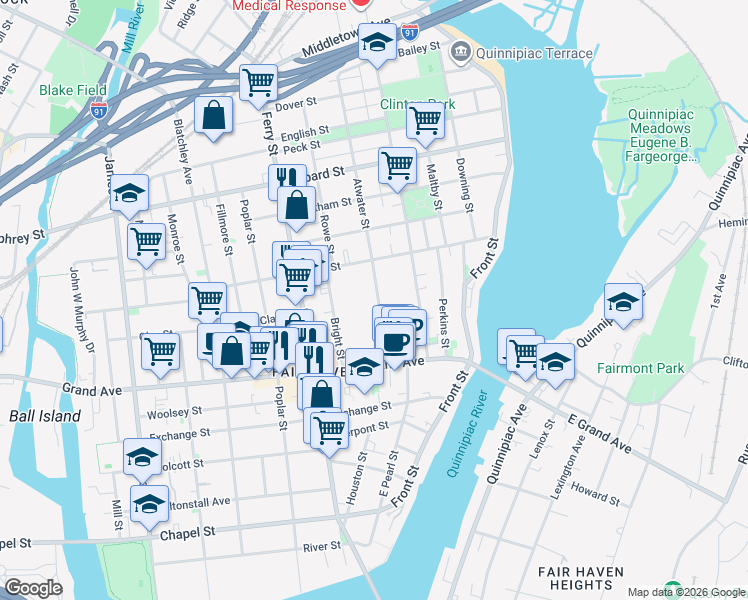 map of restaurants, bars, coffee shops, grocery stores, and more near 62 Atwater Street in New Haven