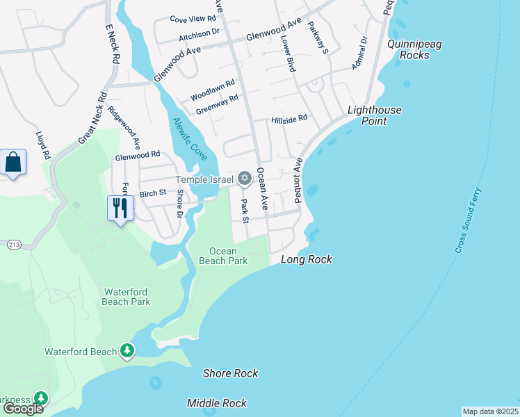 map of restaurants, bars, coffee shops, grocery stores, and more near 1127 Ocean Avenue in New London