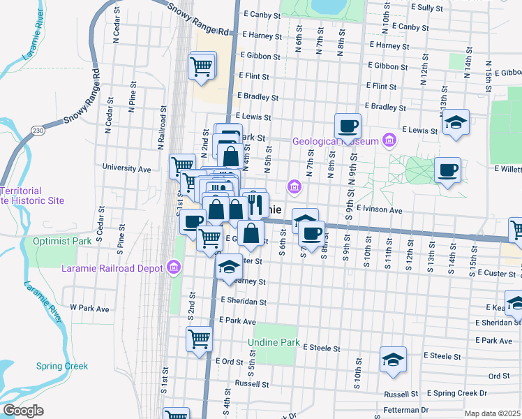 map of restaurants, bars, coffee shops, grocery stores, and more near in Laramie