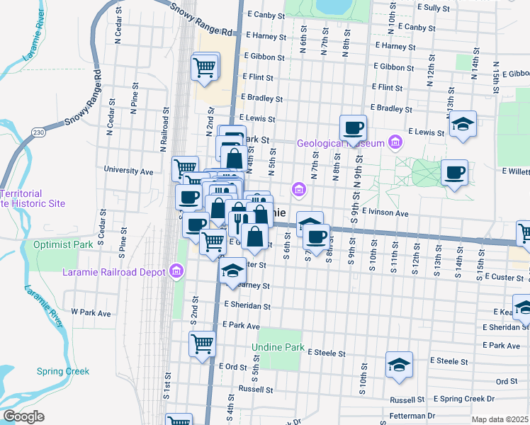 map of restaurants, bars, coffee shops, grocery stores, and more near in Laramie