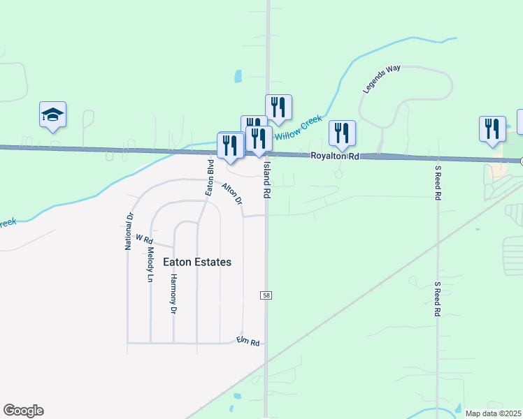 map of restaurants, bars, coffee shops, grocery stores, and more near 35012 East Road in Grafton
