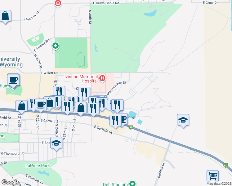 map of restaurants, bars, coffee shops, grocery stores, and more near 3322 Joanna Brunner Street in Laramie