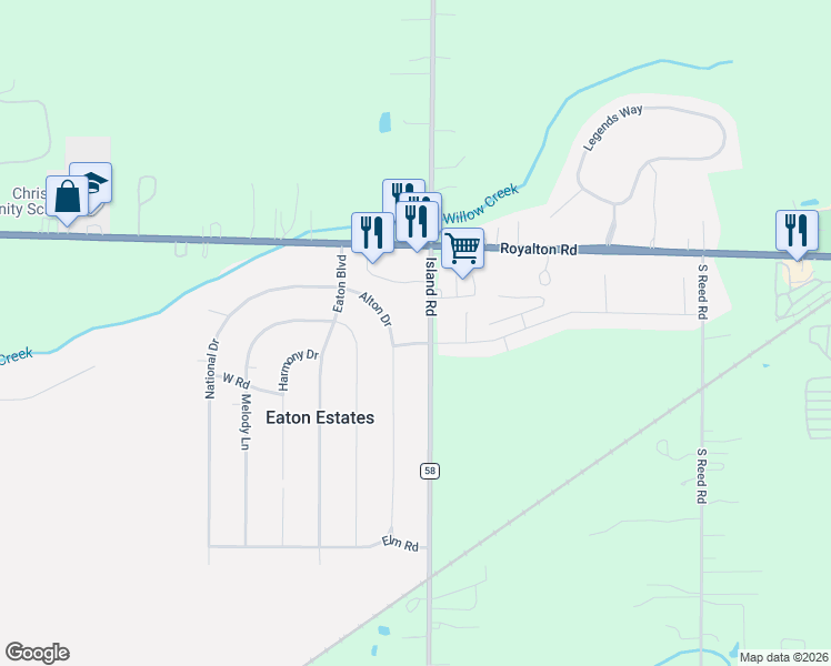 map of restaurants, bars, coffee shops, grocery stores, and more near 35032 East Road in Grafton