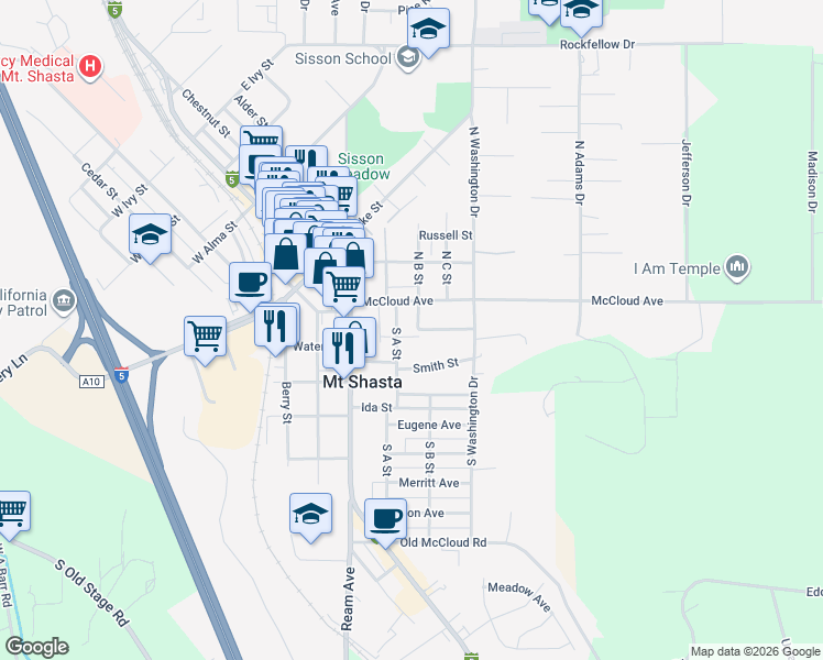 map of restaurants, bars, coffee shops, grocery stores, and more near 211 South B Street in Mount Shasta