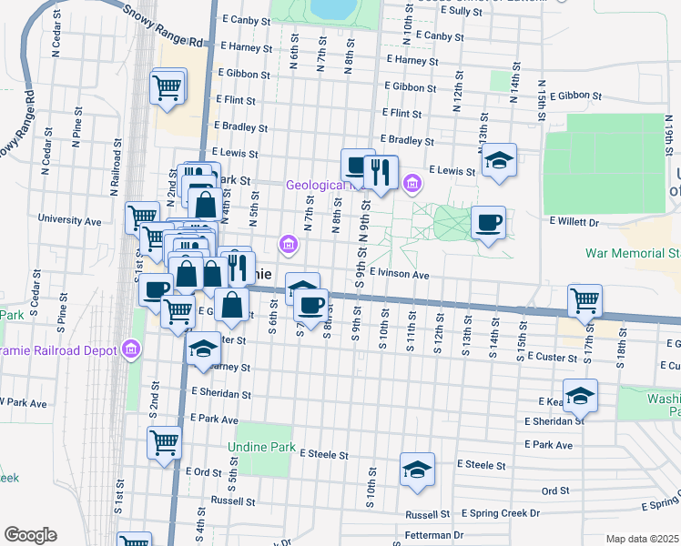map of restaurants, bars, coffee shops, grocery stores, and more near 805 East Ivinson Avenue in Laramie