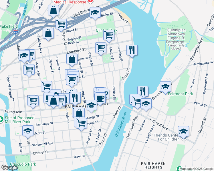 map of restaurants, bars, coffee shops, grocery stores, and more near 77 Clinton Avenue in New Haven